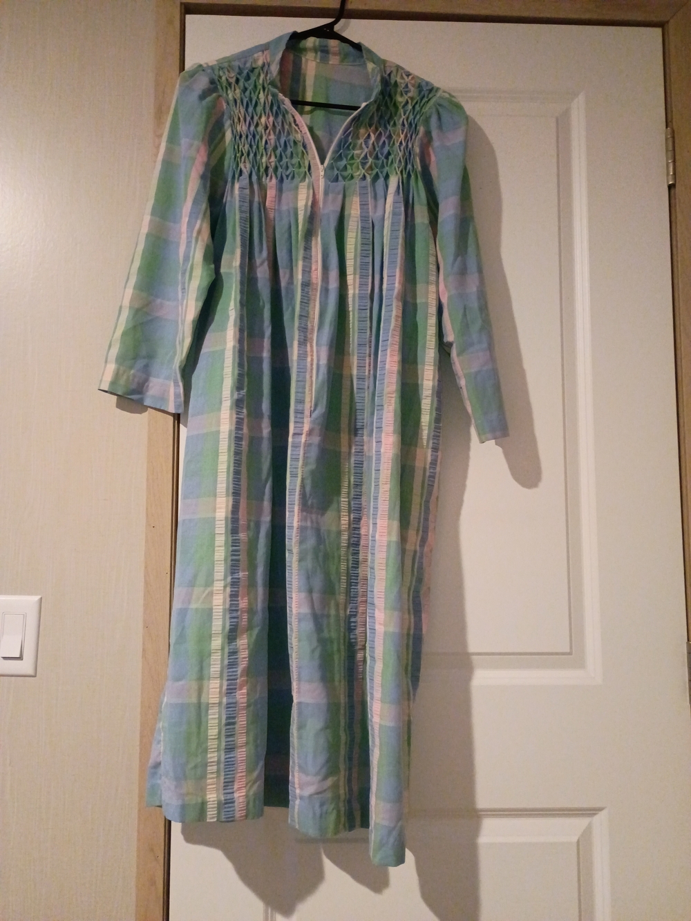 Vintage Handmade Women's Cotton Plaid Smocked Nightgown Or House Dress